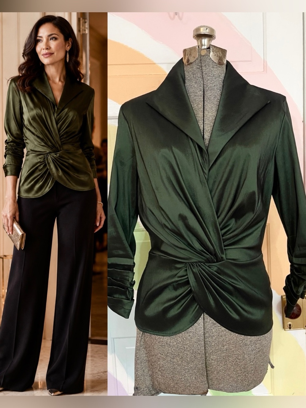Tadashi Shoji Emerald Green Satin Twist-Front Blouse